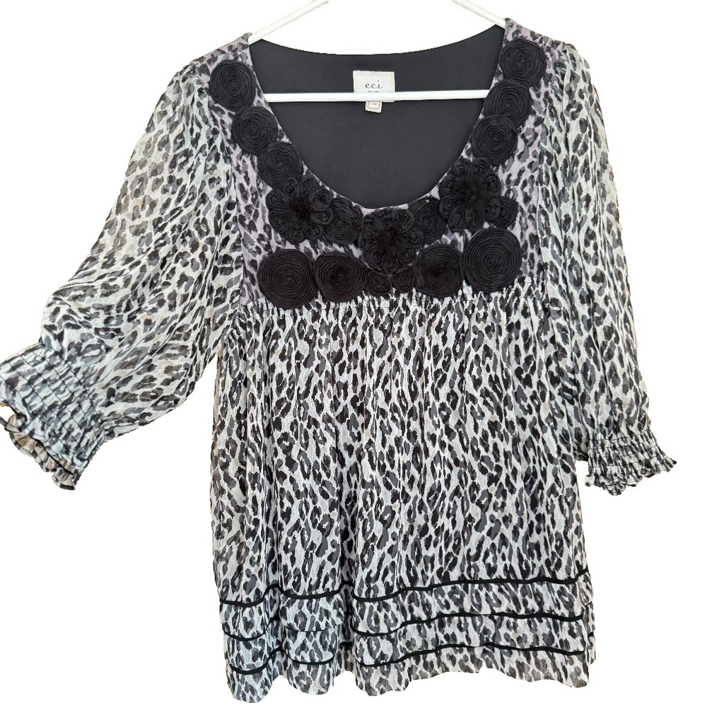ECI New York Y2K Leopard Tiered Top 12 Black Rosette Smocking Sheer 3/4 Sleeves